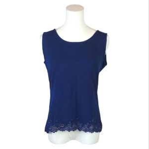 Coldwater Creek Navy Blue Sleeveless Tank Top Size M – Cotton Stretch Lace Hem